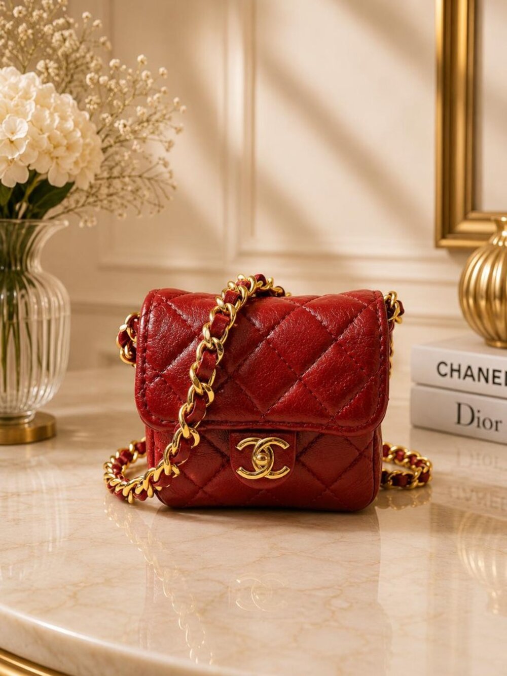 Authentic Chanel Mini Classic Flap Coin Purse Red Quilted Lambskin Chain Bag